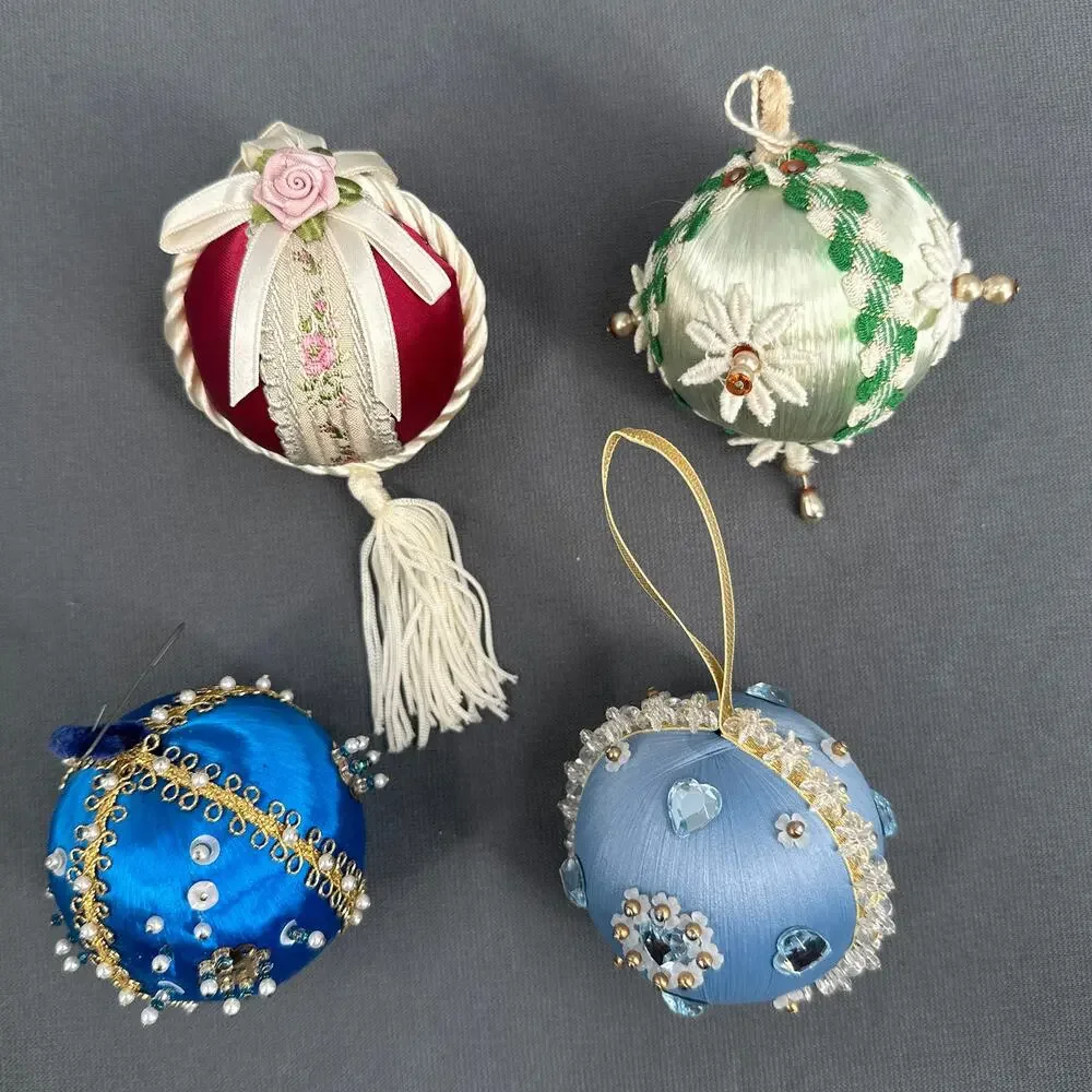 4 VTG Handmade Push Pin Satin Ball Ornament Bead Sequin Christmas ribbon Kitschy
